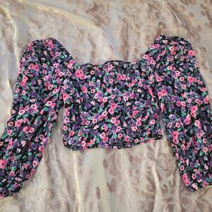 Zara Floral Puff Sleeve Blouse - Pink and Purple
